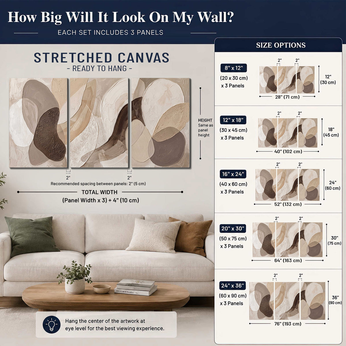 Layered organic shapes in taupe, cream and brown 3 piece canvas wall art size guide above a sofa; room view is illustrative