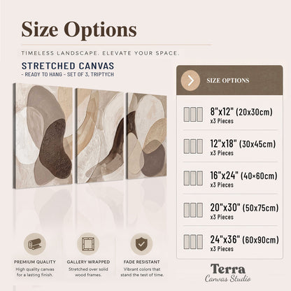 Layered organic shapes in taupe, cream and brown 3 piece canvas wall art available dimensions; triptych dimensions are per panel
