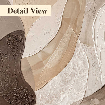 Layered organic shapes in taupe, cream and brown 3 piece canvas wall art artwork detail close up
