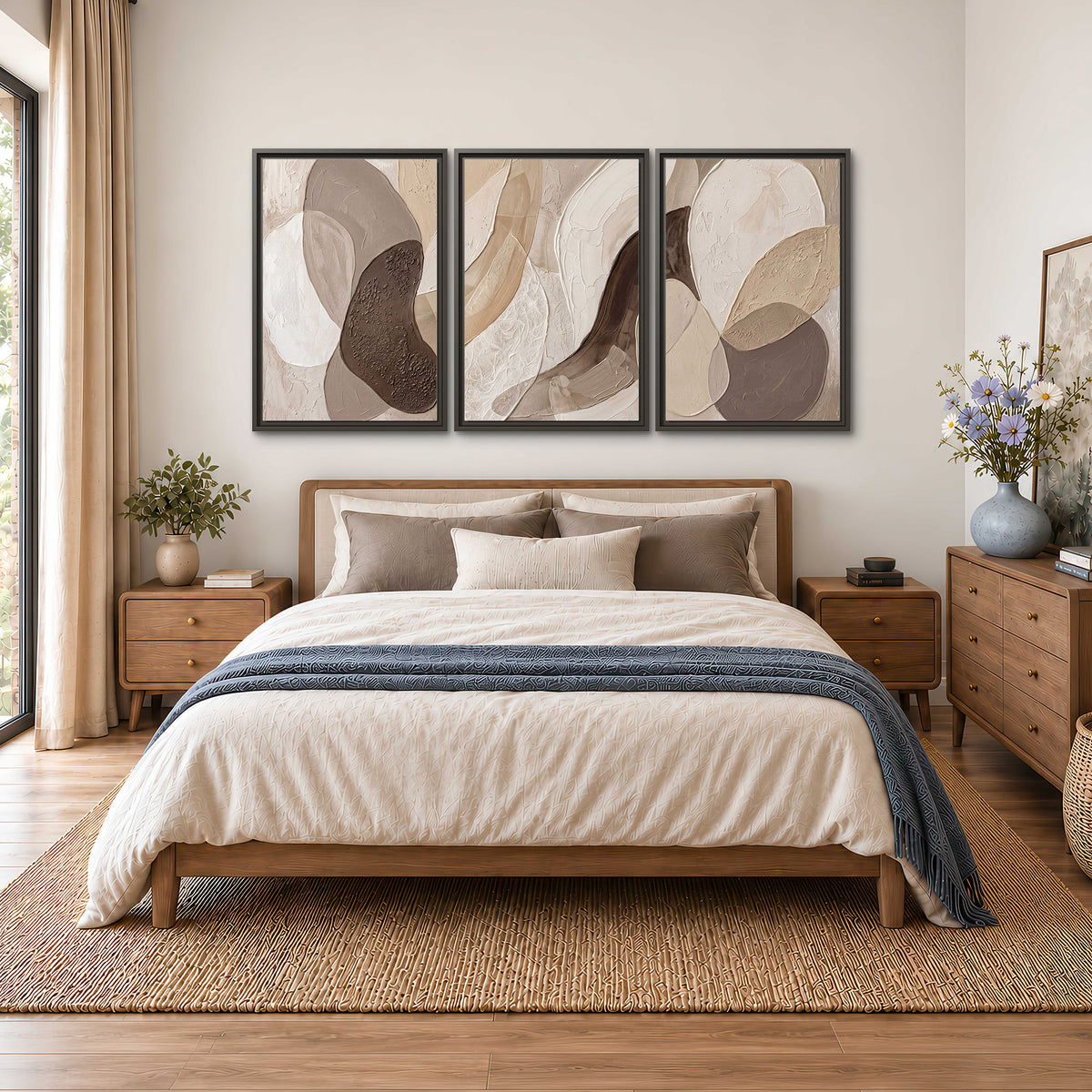 Layered organic shapes in taupe, cream and brown 3 piece framed canvas wall art styled in an interior