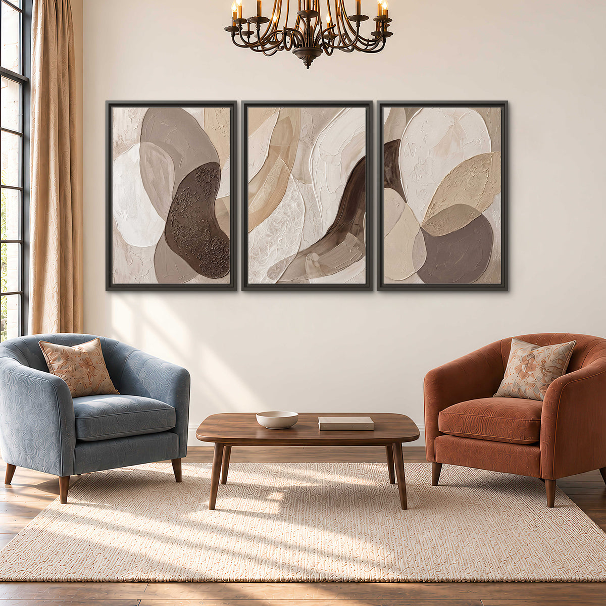 Layered organic shapes in taupe, cream and brown 3 piece framed canvas wall art styled in an interior