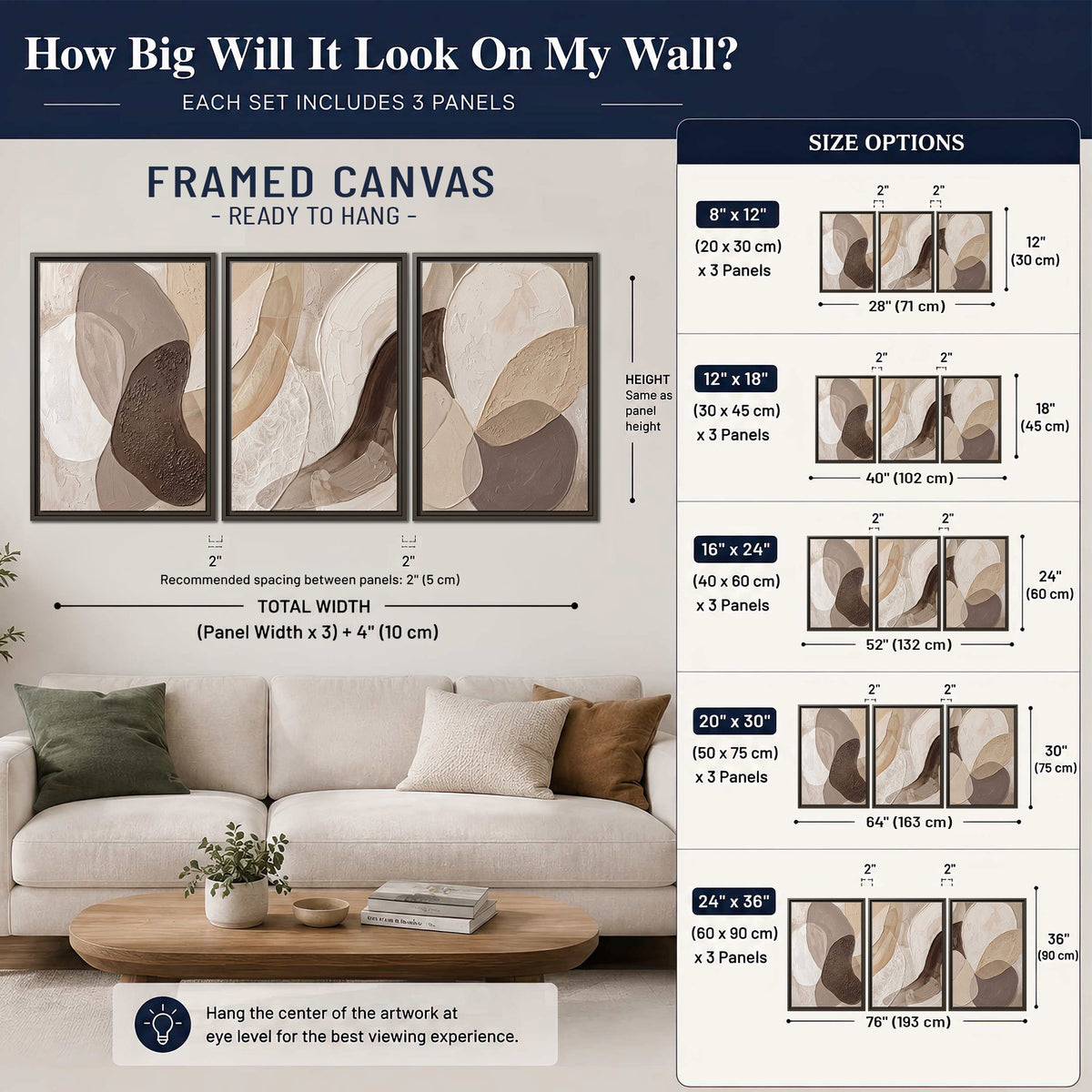 Layered organic shapes in taupe, cream and brown 3 piece framed canvas wall art size guide above a sofa; room view is illustrative