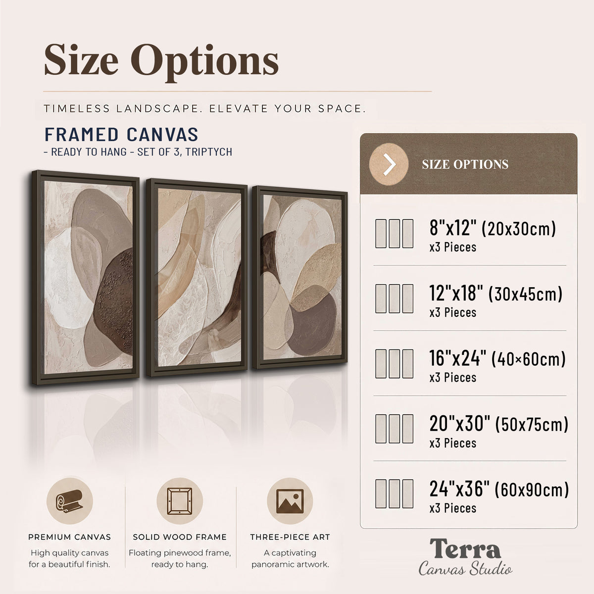 Layered organic shapes in taupe, cream and brown 3 piece framed canvas wall art available dimensions; triptych dimensions are per panel