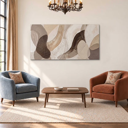 Layered organic shapes in taupe, cream and brown single canvas wall art styled in an interior