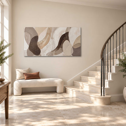 Layered organic shapes in taupe, cream and brown single canvas wall art styled in an interior