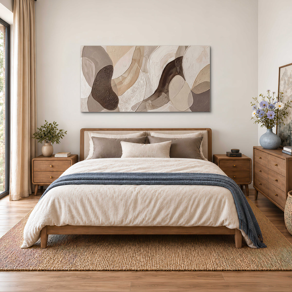 Layered organic shapes in taupe, cream and brown single canvas wall art styled in an interior