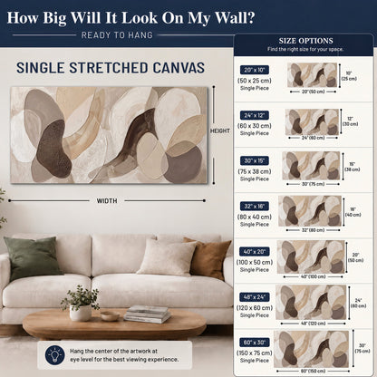 Layered organic shapes in taupe, cream and brown single canvas wall art size guide above a sofa; room view is illustrative
