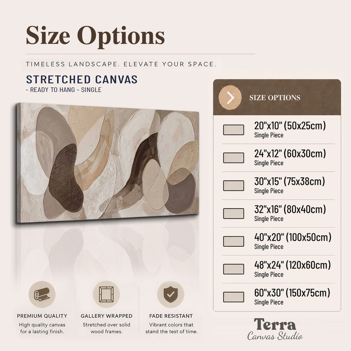 Layered organic shapes in taupe, cream and brown single canvas wall art available dimensions