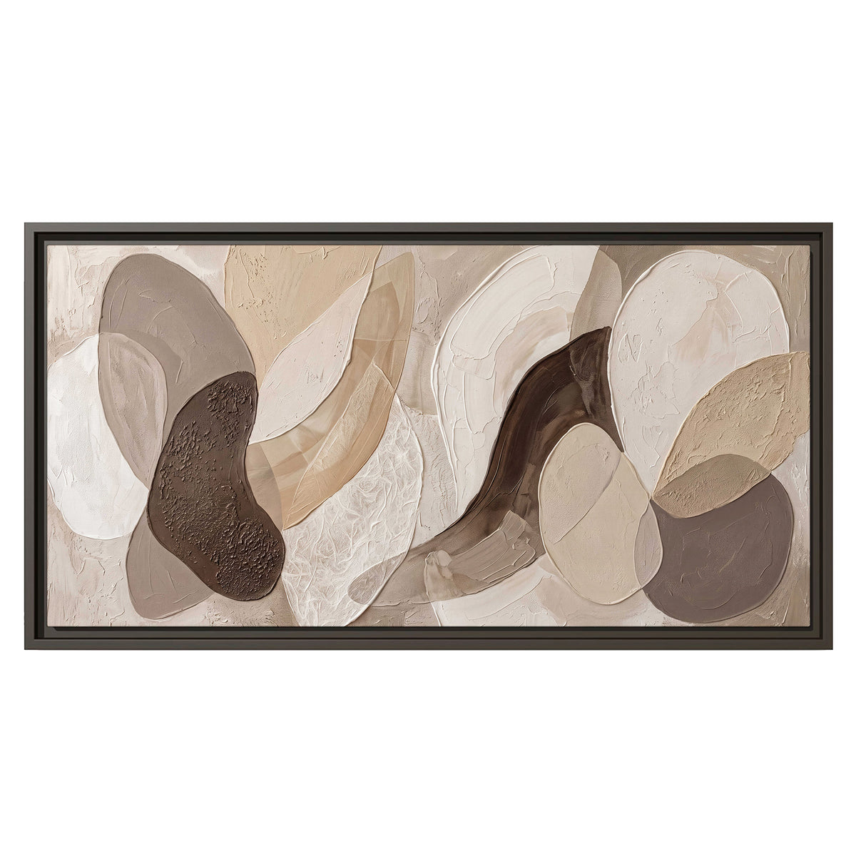 Layered organic shapes in taupe, cream and brown single framed canvas wall art viewed straight on