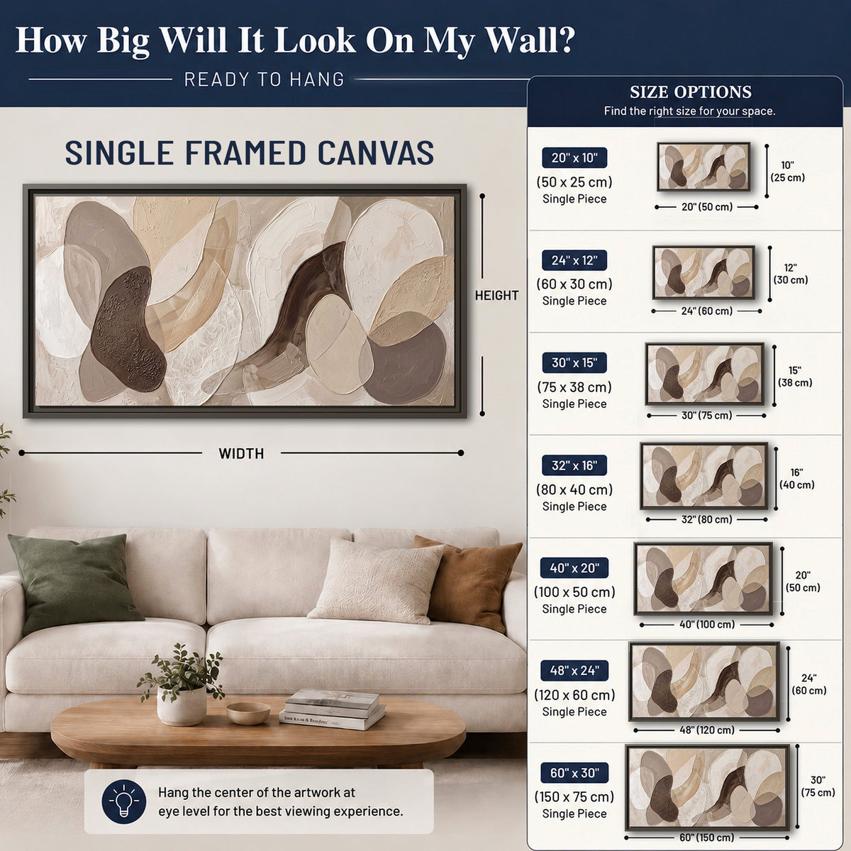 Layered organic shapes in taupe, cream and brown single framed canvas wall art size guide above a sofa; room view is illustrative