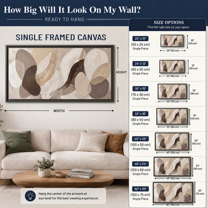 Layered organic shapes in taupe, cream and brown single framed canvas wall art size guide above a sofa; room view is illustrative