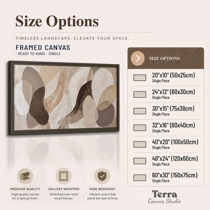 Layered organic shapes in taupe, cream and brown single framed canvas wall art available dimensions
