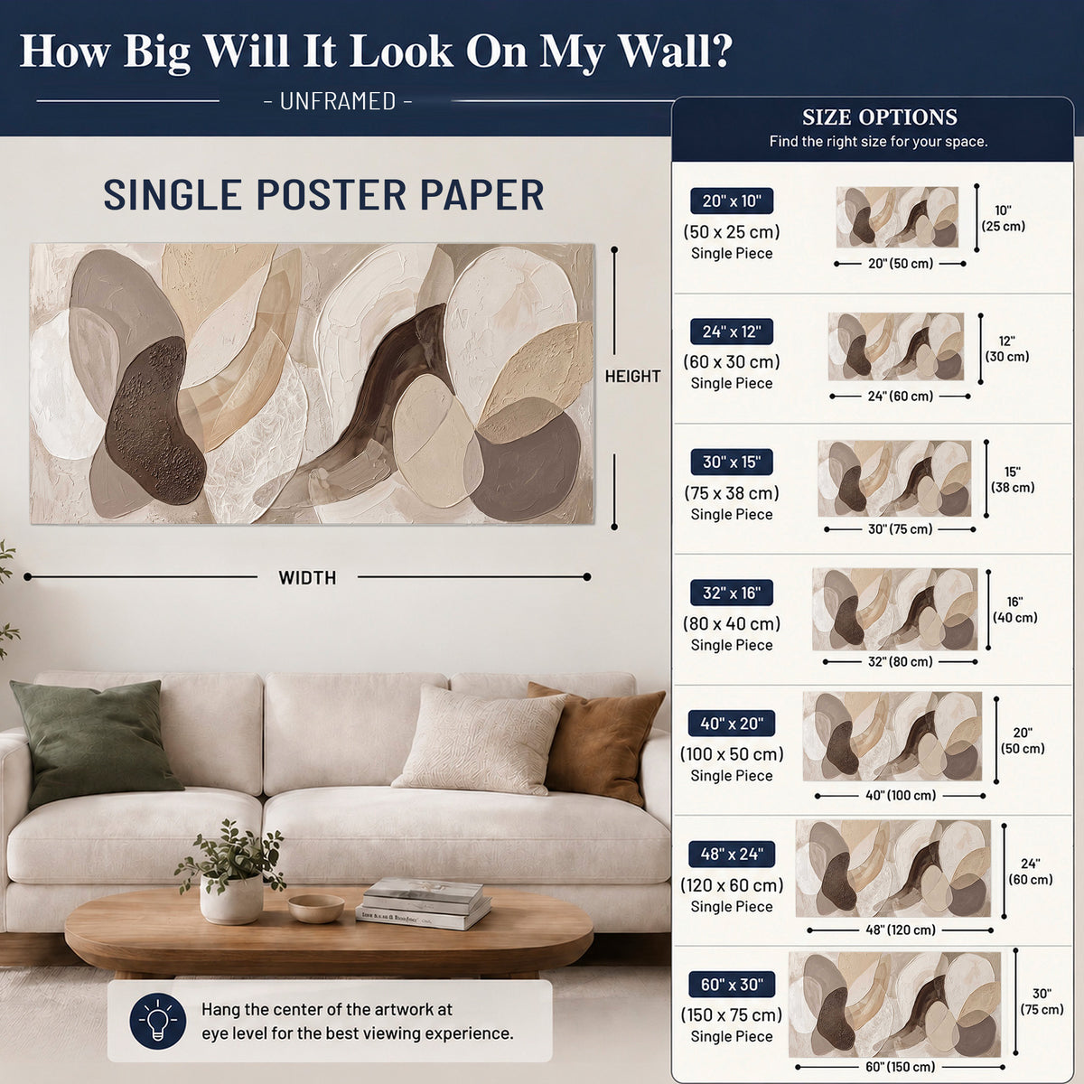 Layered organic shapes in taupe, cream and brown single poster print size guide above a sofa; room view is illustrative