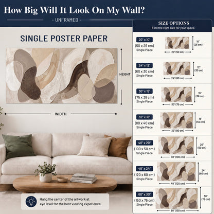 Layered organic shapes in taupe, cream and brown single poster print size guide above a sofa; room view is illustrative