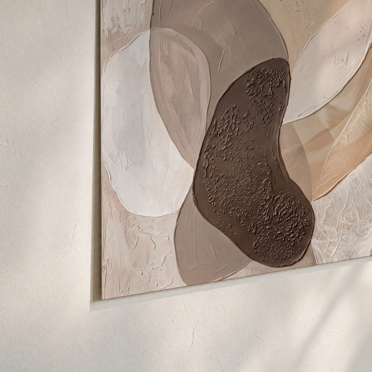 Layered organic shapes in taupe, cream and brown set of 3 poster prints material and edge close up