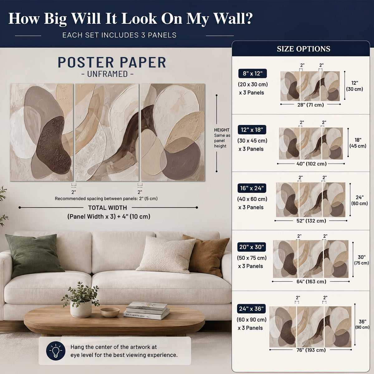 Layered organic shapes in taupe, cream and brown set of 3 poster prints size guide above a sofa; room view is illustrative