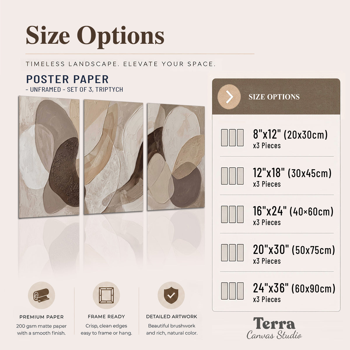 Layered organic shapes in taupe, cream and brown set of 3 poster prints available dimensions; triptych dimensions are per panel