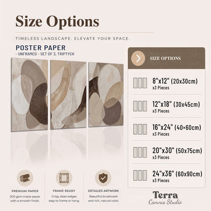 Layered organic shapes in taupe, cream and brown set of 3 poster prints available dimensions; triptych dimensions are per panel