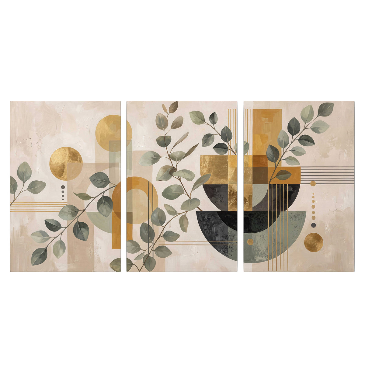 Front view: Sage leaves and golden arches botanical artwork — 3 piece canvas wall art viewed straight on