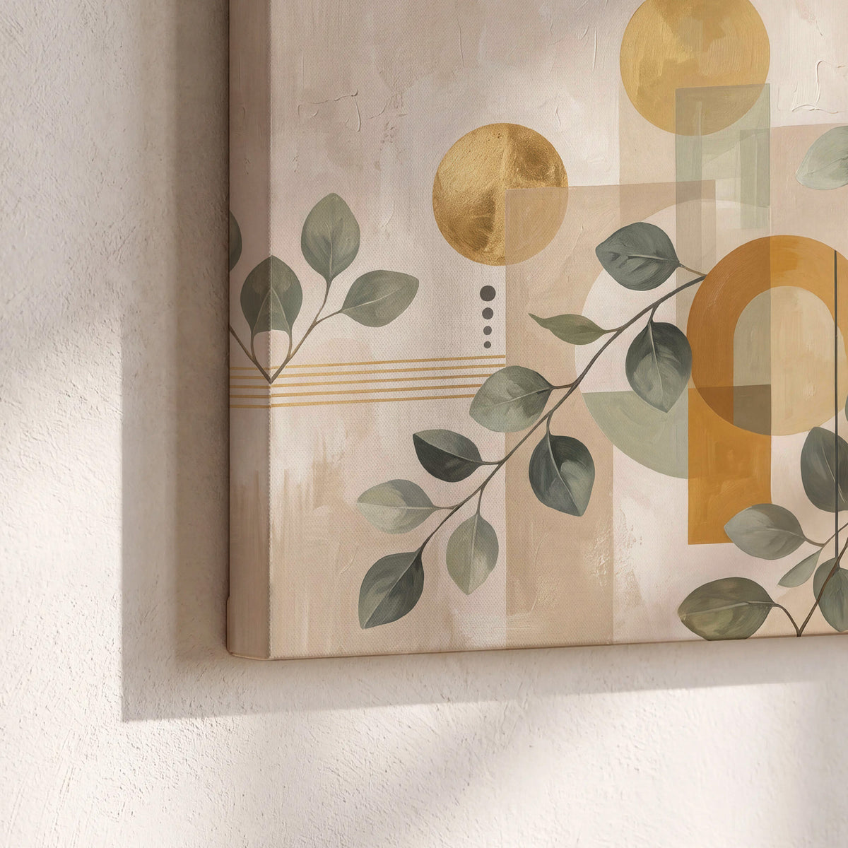 Sage leaves and golden arches botanical artwork — 3 piece canvas wall art material and edge close up