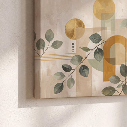 Sage leaves and golden arches botanical artwork — 3 piece canvas wall art material and edge close up