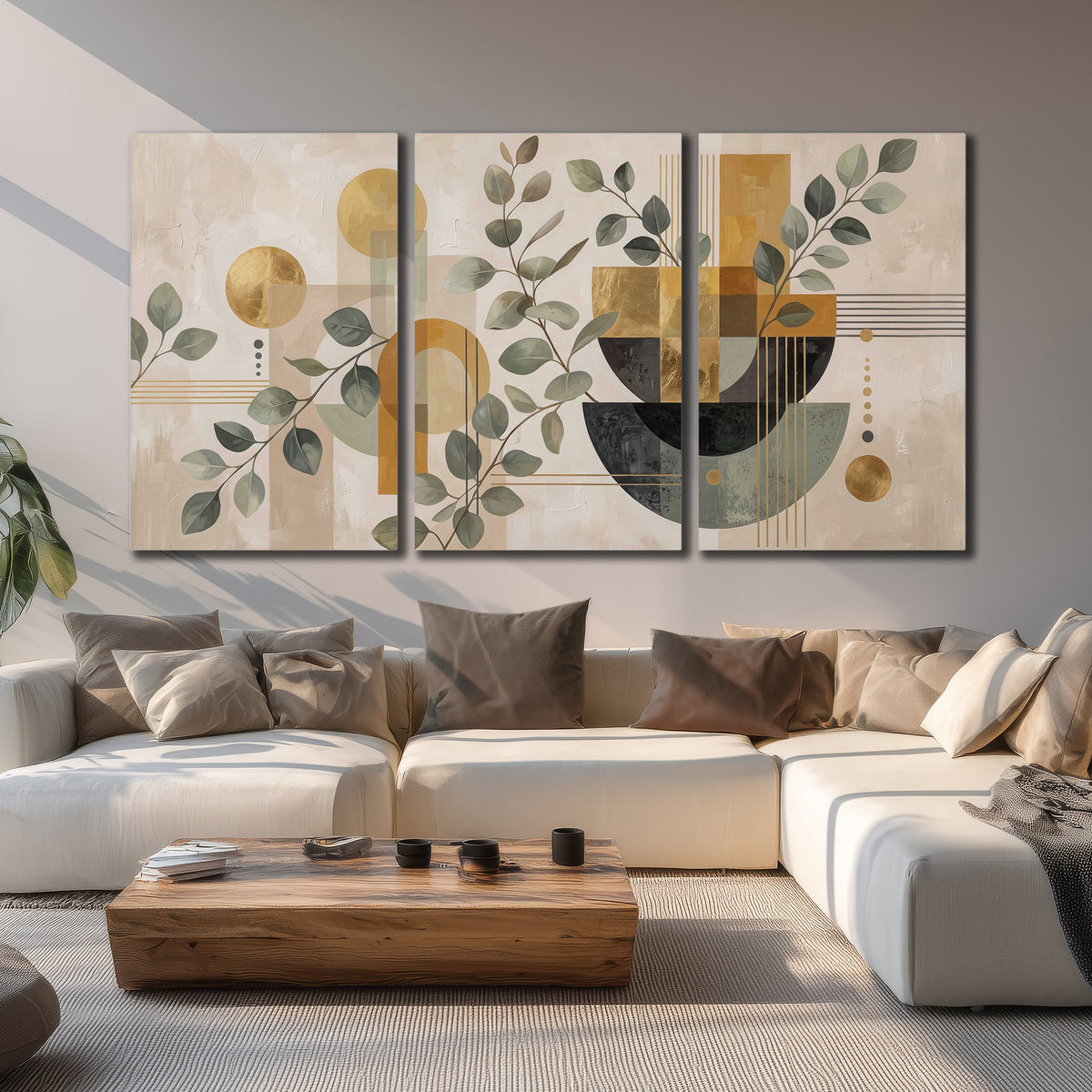 Sage leaves and golden arches botanical artwork — 3 piece canvas wall art displayed in a living room