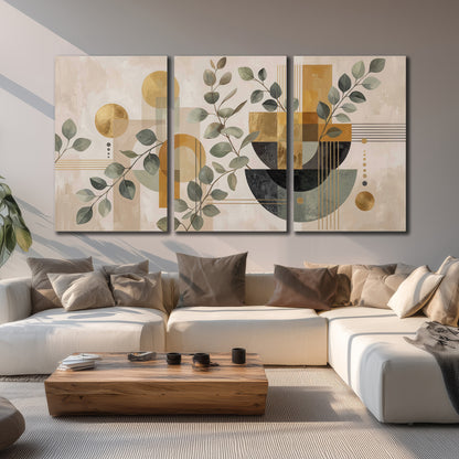 Sage leaves and golden arches botanical artwork — 3 piece canvas wall art displayed in a living room