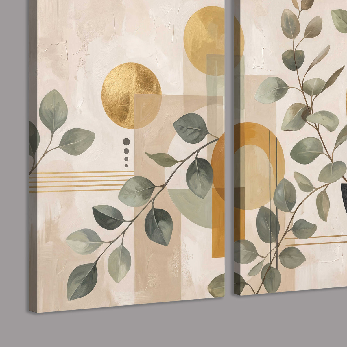 Sage leaves and golden arches botanical artwork — 3 piece canvas wall art room and product view