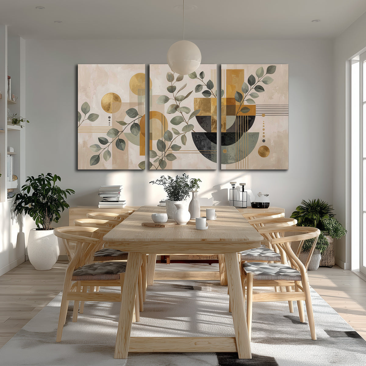Sage leaves and golden arches botanical artwork — 3 piece canvas wall art room and product view