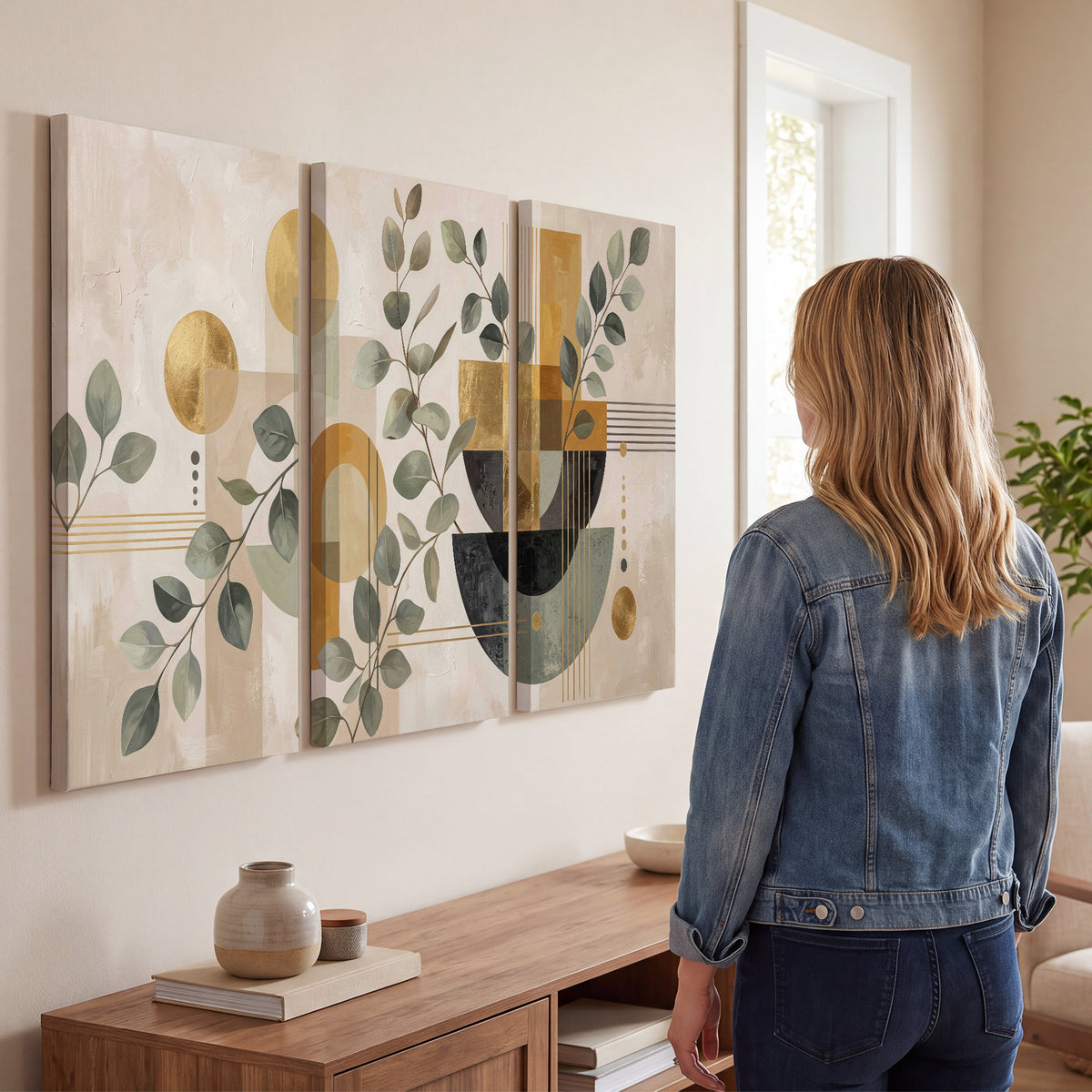 Sage leaves and golden arches botanical artwork — 3 piece canvas wall art three panel arrangement on a wall