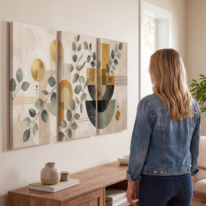 Sage leaves and golden arches botanical artwork — 3 piece canvas wall art three panel arrangement on a wall