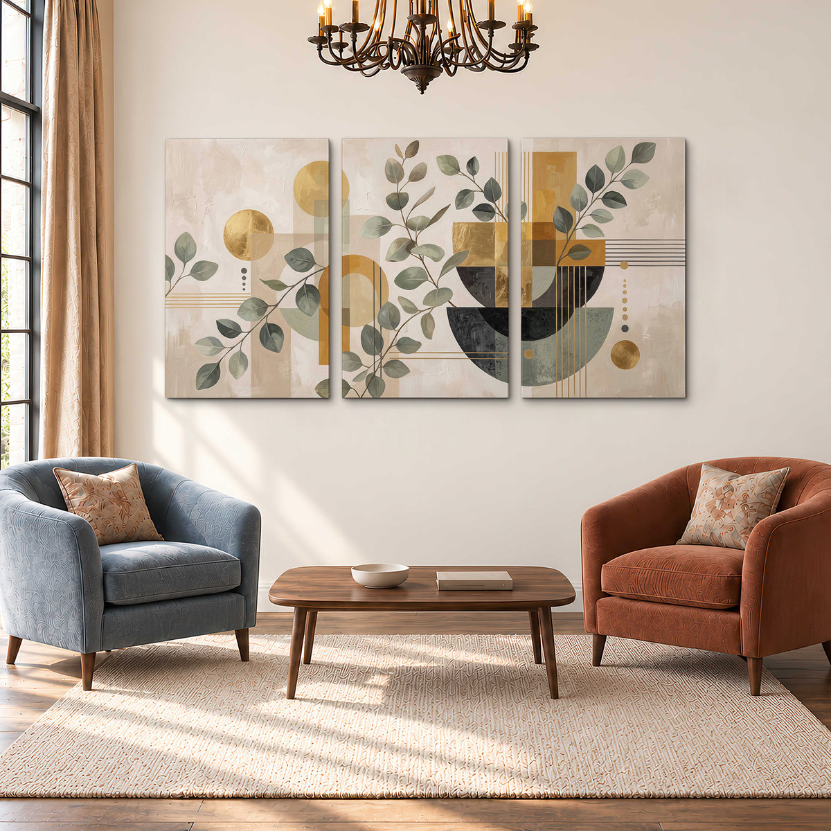 Sage leaves and golden arches botanical artwork — 3 piece canvas wall art styled in an interior