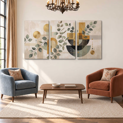 Sage leaves and golden arches botanical artwork — 3 piece canvas wall art styled in an interior