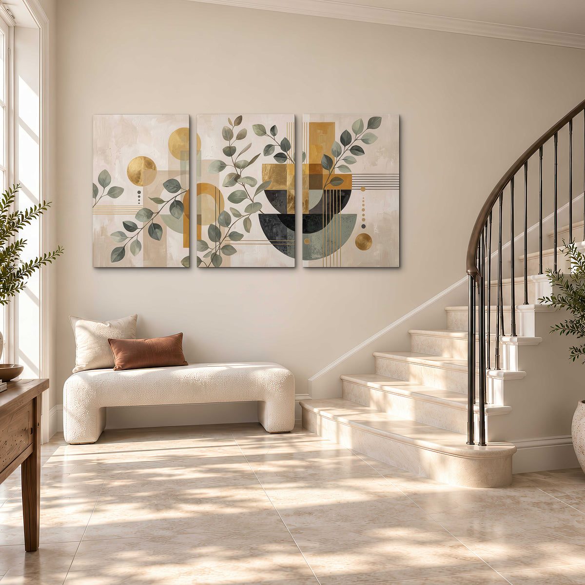 Sage leaves and golden arches botanical artwork — 3 piece canvas wall art styled in an interior