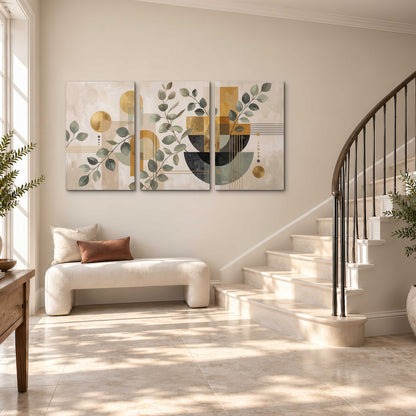 Sage leaves and golden arches botanical artwork — 3 piece canvas wall art styled in an interior