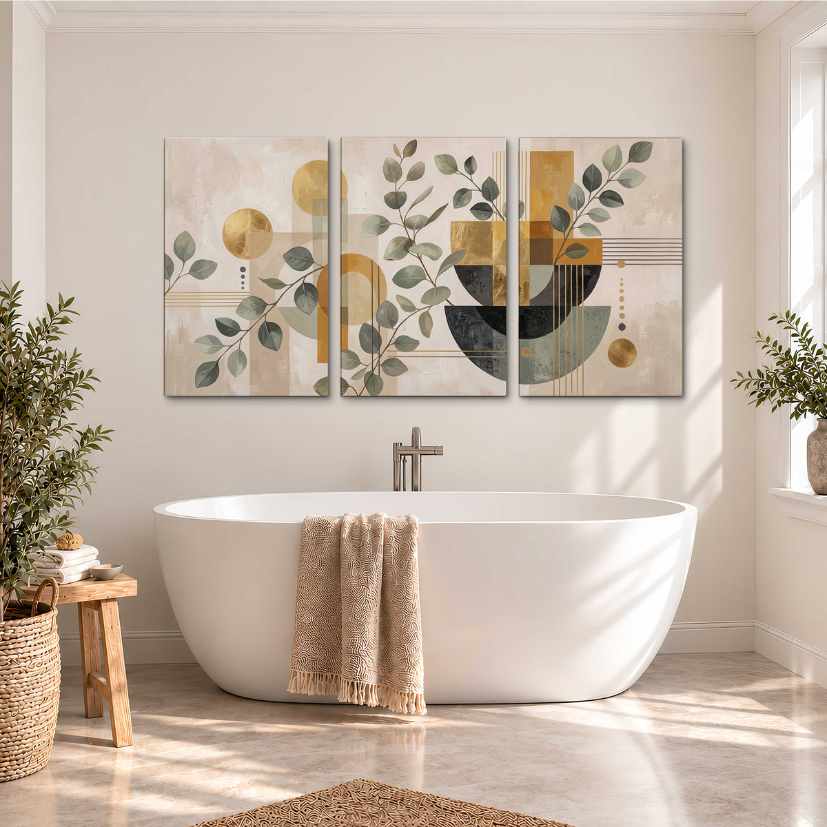 Sage leaves and golden arches botanical artwork — 3 piece canvas wall art styled in an interior