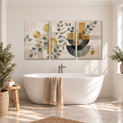 Sage leaves and golden arches botanical artwork — 3 piece canvas wall art styled in an interior