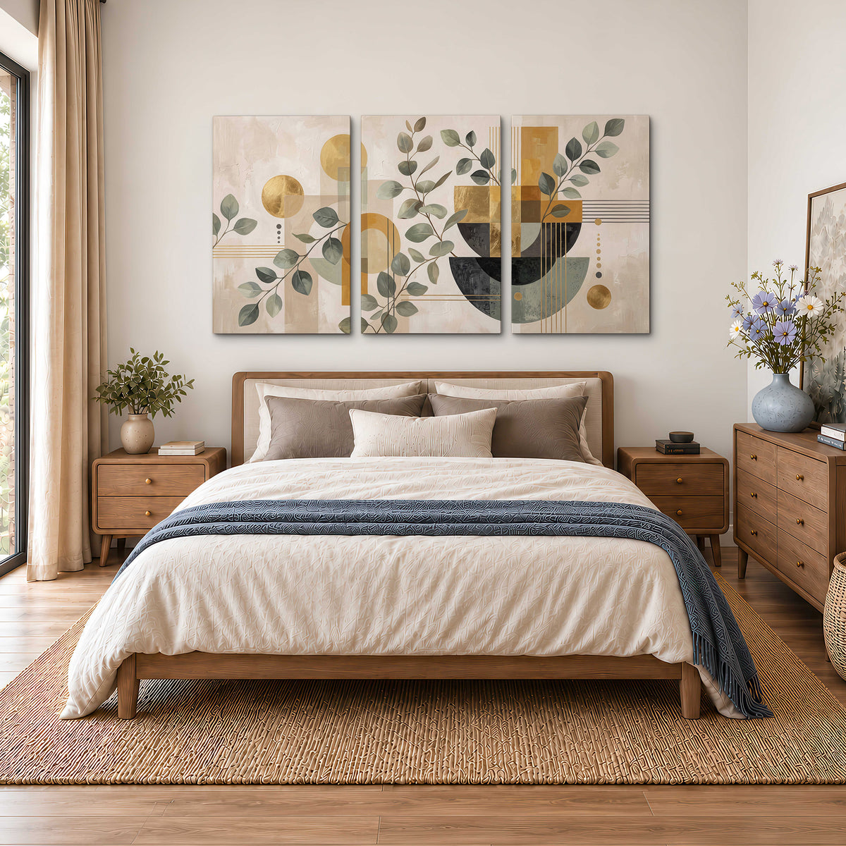 Sage leaves and golden arches botanical artwork — 3 piece canvas wall art styled in an interior