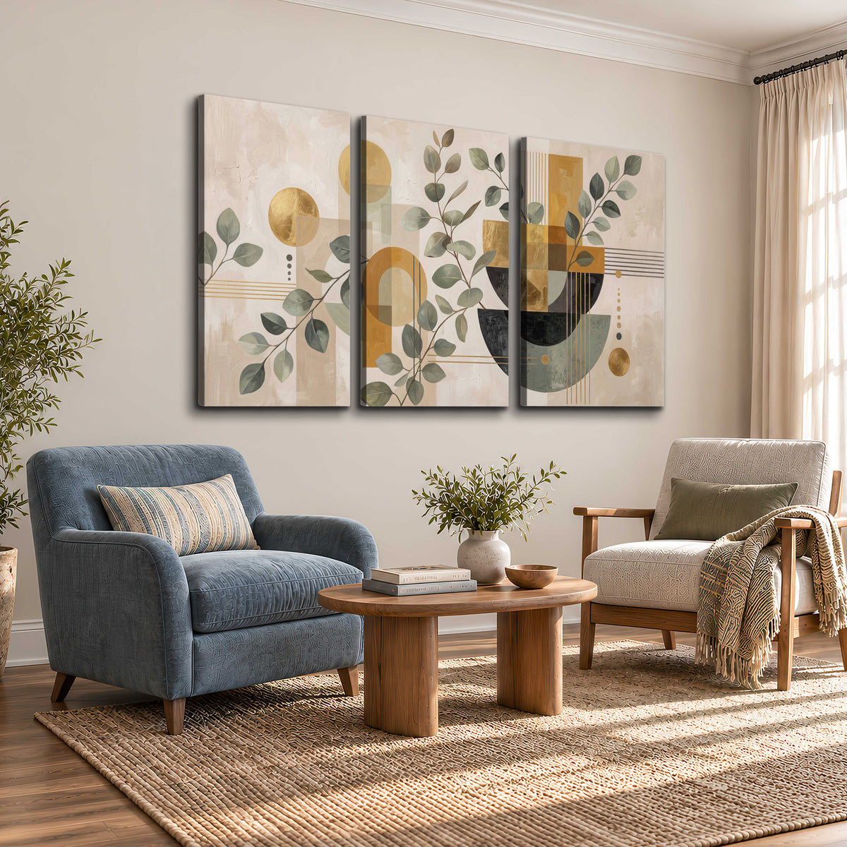 Sage leaves and golden arches botanical artwork — 3 piece canvas wall art styled in an interior