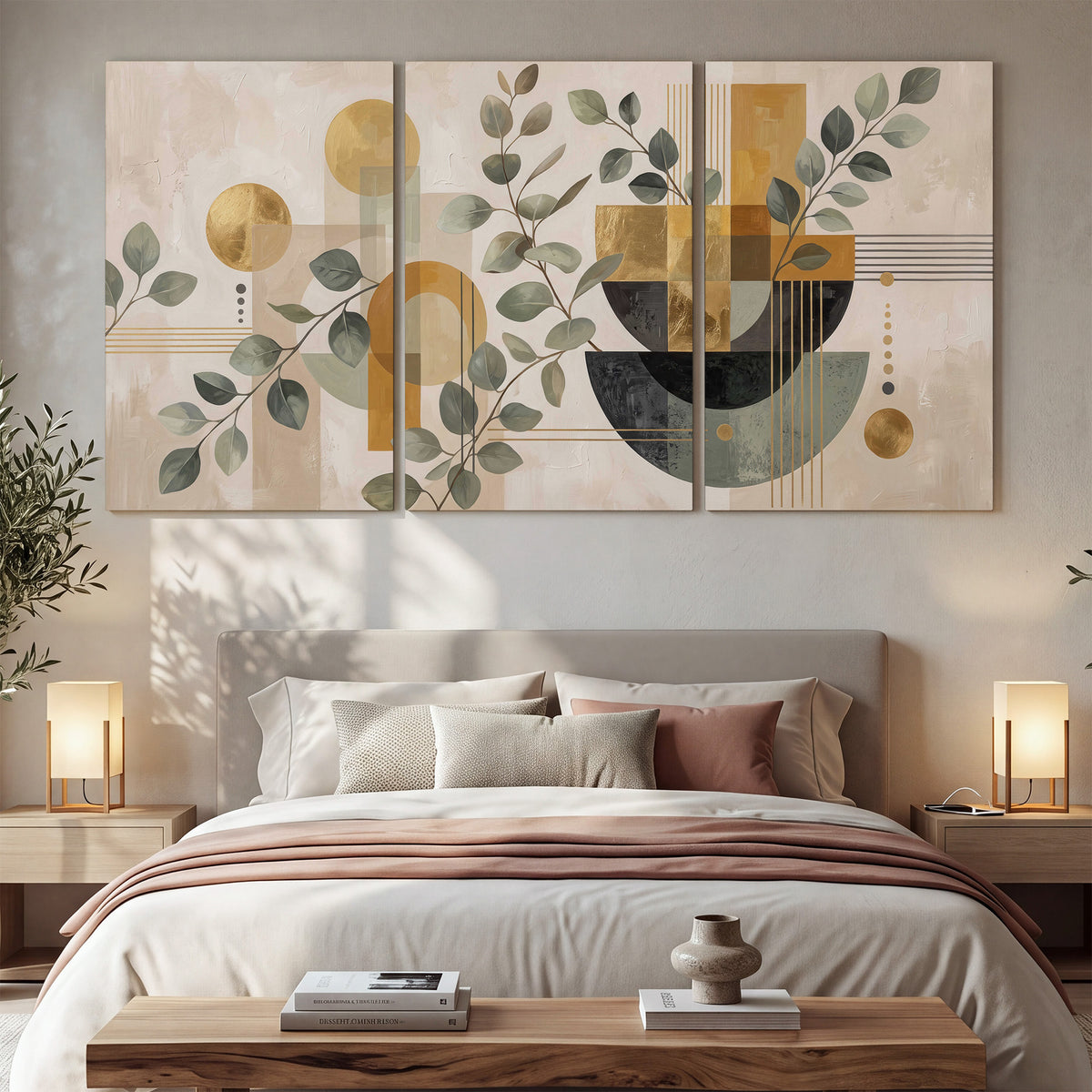 Sage leaves and golden arches botanical artwork — 3 piece canvas wall art displayed in a bedroom