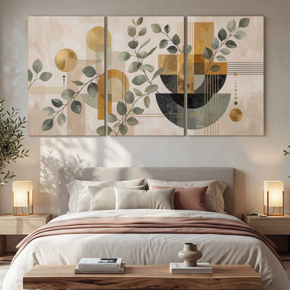 Sage leaves and golden arches botanical artwork — 3 piece canvas wall art displayed in a bedroom