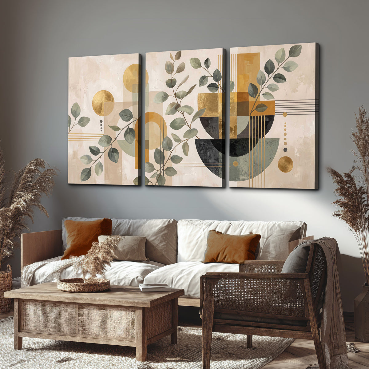 Sage leaves and golden arches botanical artwork — 3 piece canvas wall art displayed in a rustic living room