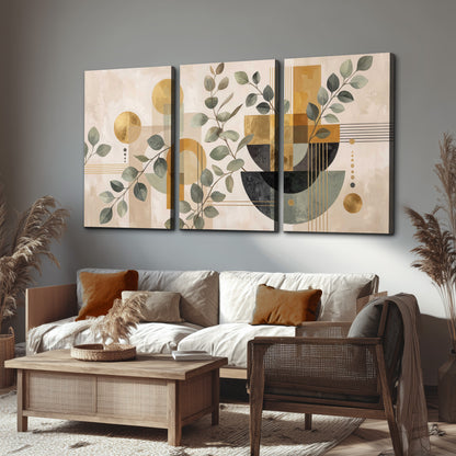 Sage leaves and golden arches botanical artwork — 3 piece canvas wall art displayed in a rustic living room