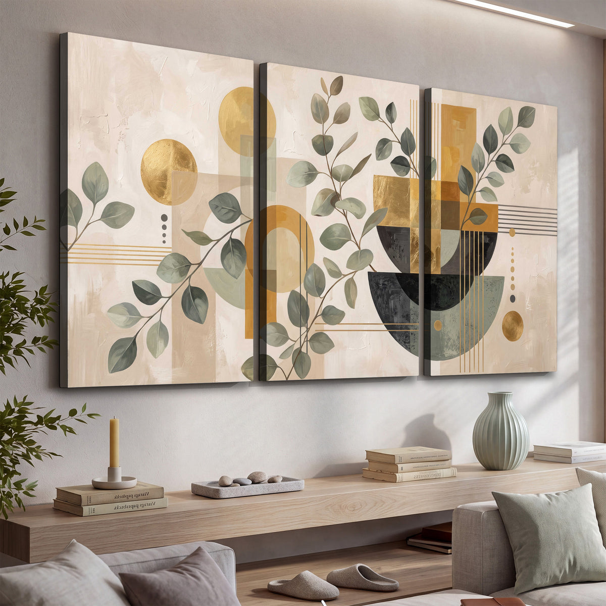Sage leaves and golden arches botanical artwork — 3 piece canvas wall art displayed in a console