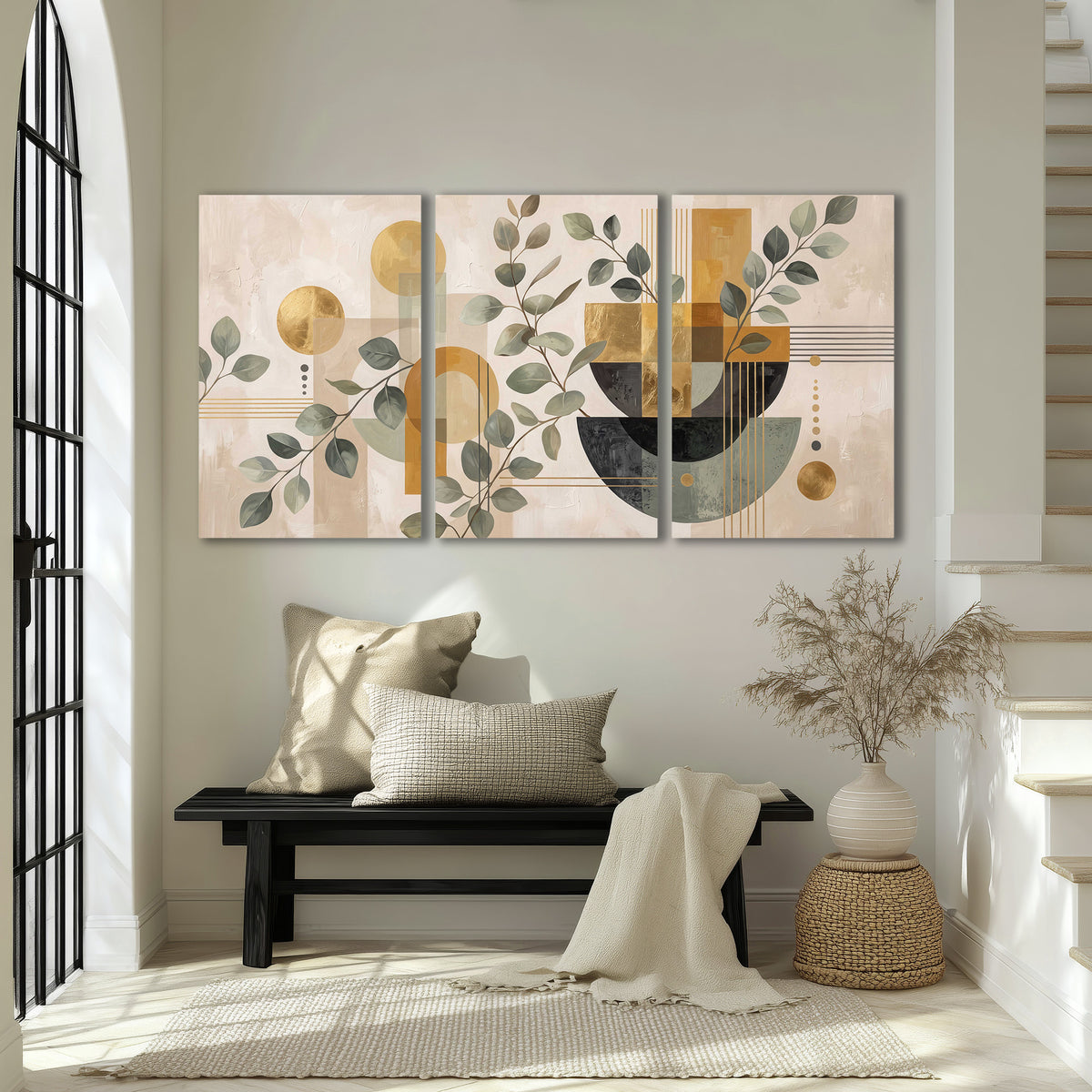 Sage leaves and golden arches botanical artwork — 3 piece canvas wall art displayed in a entryway