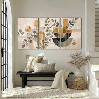 Sage leaves and golden arches botanical artwork — 3 piece canvas wall art displayed in a entryway