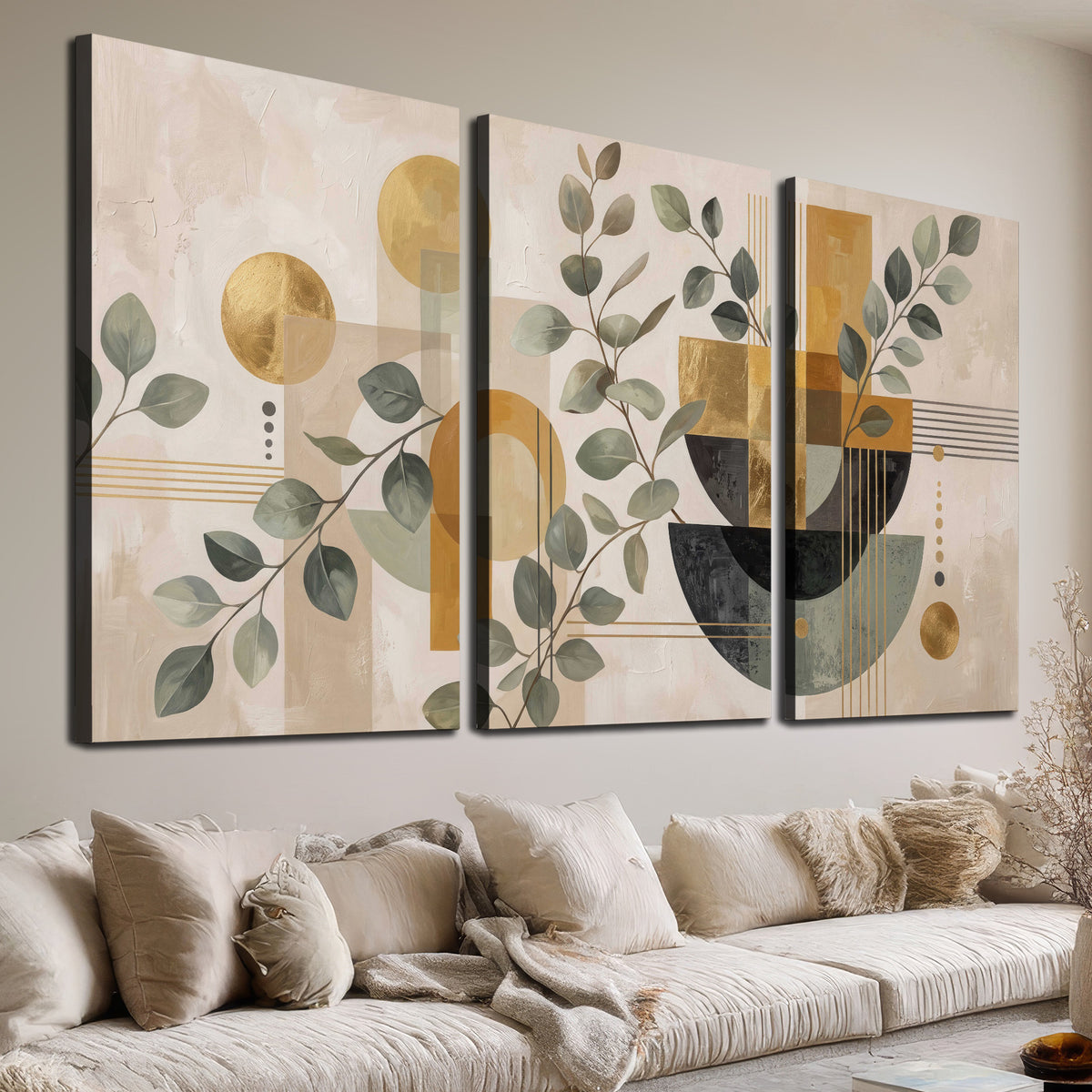 Sage leaves and golden arches botanical artwork — 3 piece canvas wall art room and product view