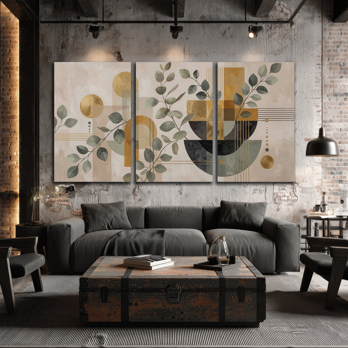 Sage leaves and golden arches botanical 3 piece canvas wall art in an industrial style living room