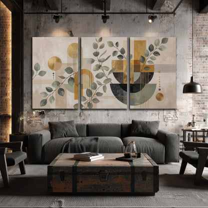 Sage leaves and golden arches botanical 3 piece canvas wall art in an industrial style living room