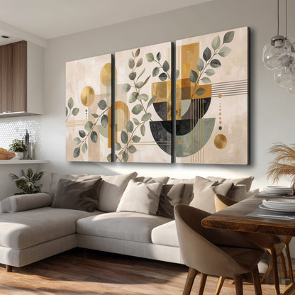 Sage leaves and golden arches botanical artwork — 3 piece canvas wall art room and product view